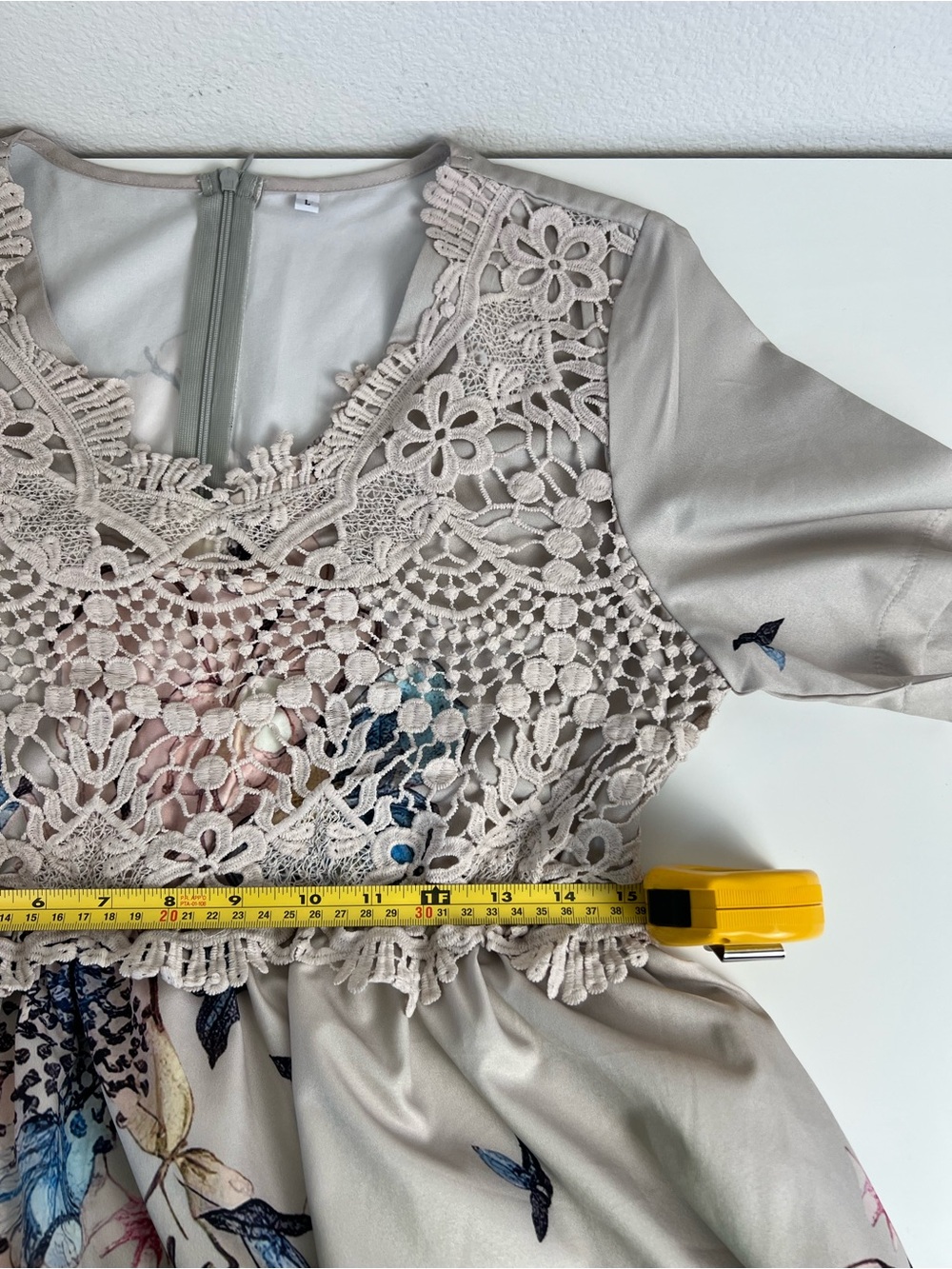 Boho Floral Lace Midi Dress Large Whimsical Beige Cottagecore Prairie Flowy - Picture 7 of 9